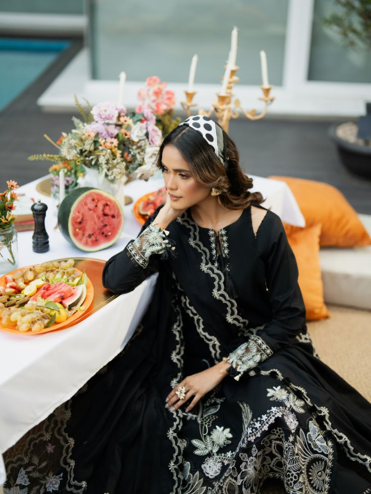 Embroidered suit with motifs, organza patch, and cotton dupatta