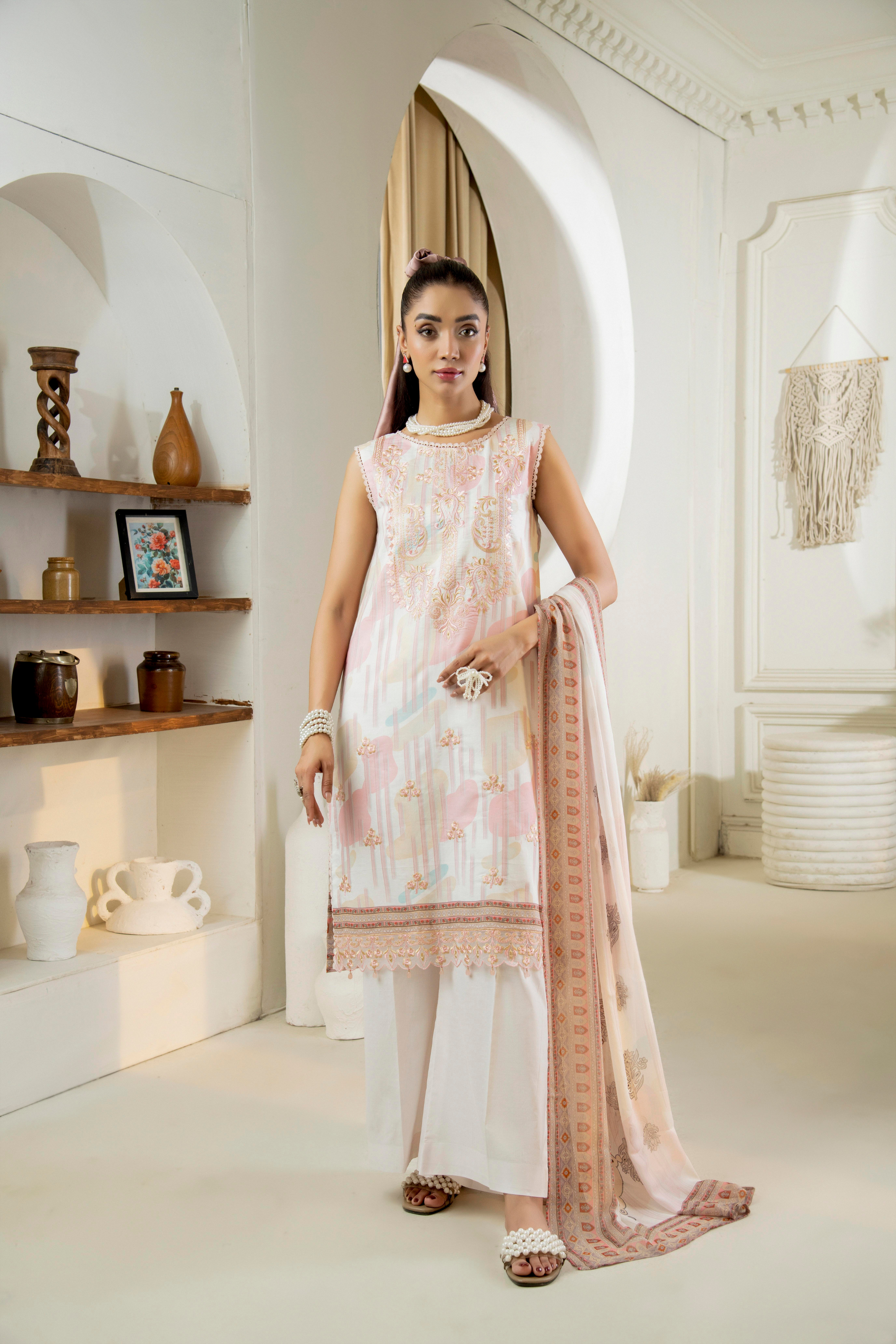 Embroidered lawn shirt with plain trouser and dupatta
