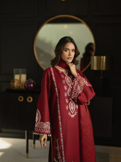 Embroidered summer suit with bridal style motifs and cotton dupatta