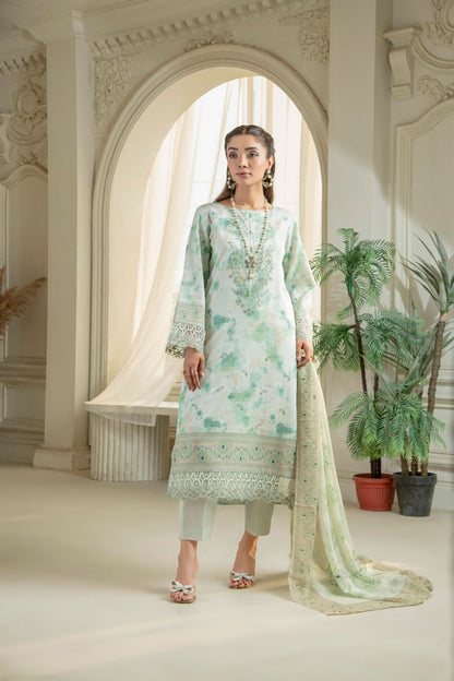 Lawn shirt with embroidery, trouser, and matching dupatta