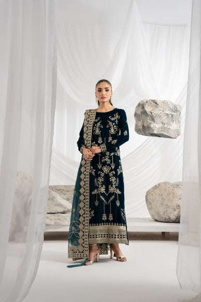 Traditional embroidered velvet dress for girls featuring detailed embroidery on the front and back, velvet sleeves and borders, an embroidered organza dupatta with pallu detailing, and plain raw silk pants