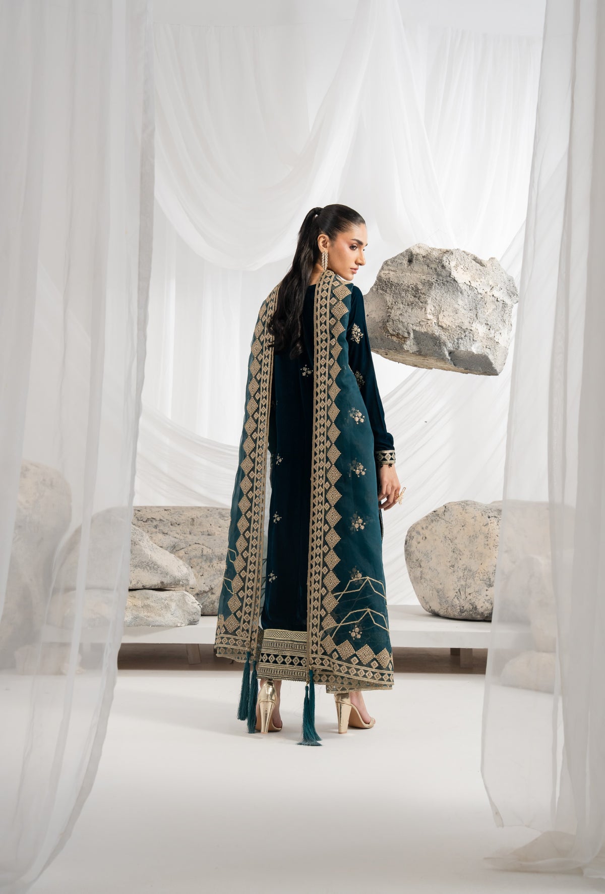 Embroidered velvet suit featuring detailed front and back shirt embroidery, decorated velvet sleeves and matching borders, paired with an embroidered organza dupatta and simple plain raw silk pants