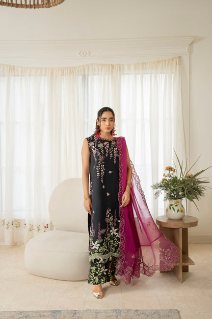 Elegant embroidered viscose shirt with printed trouser and chiffon dupatta for winter wear