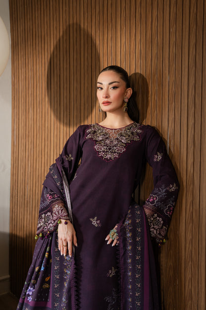 Khaddar suit with detailed organza neckline and winter printed dupatta.