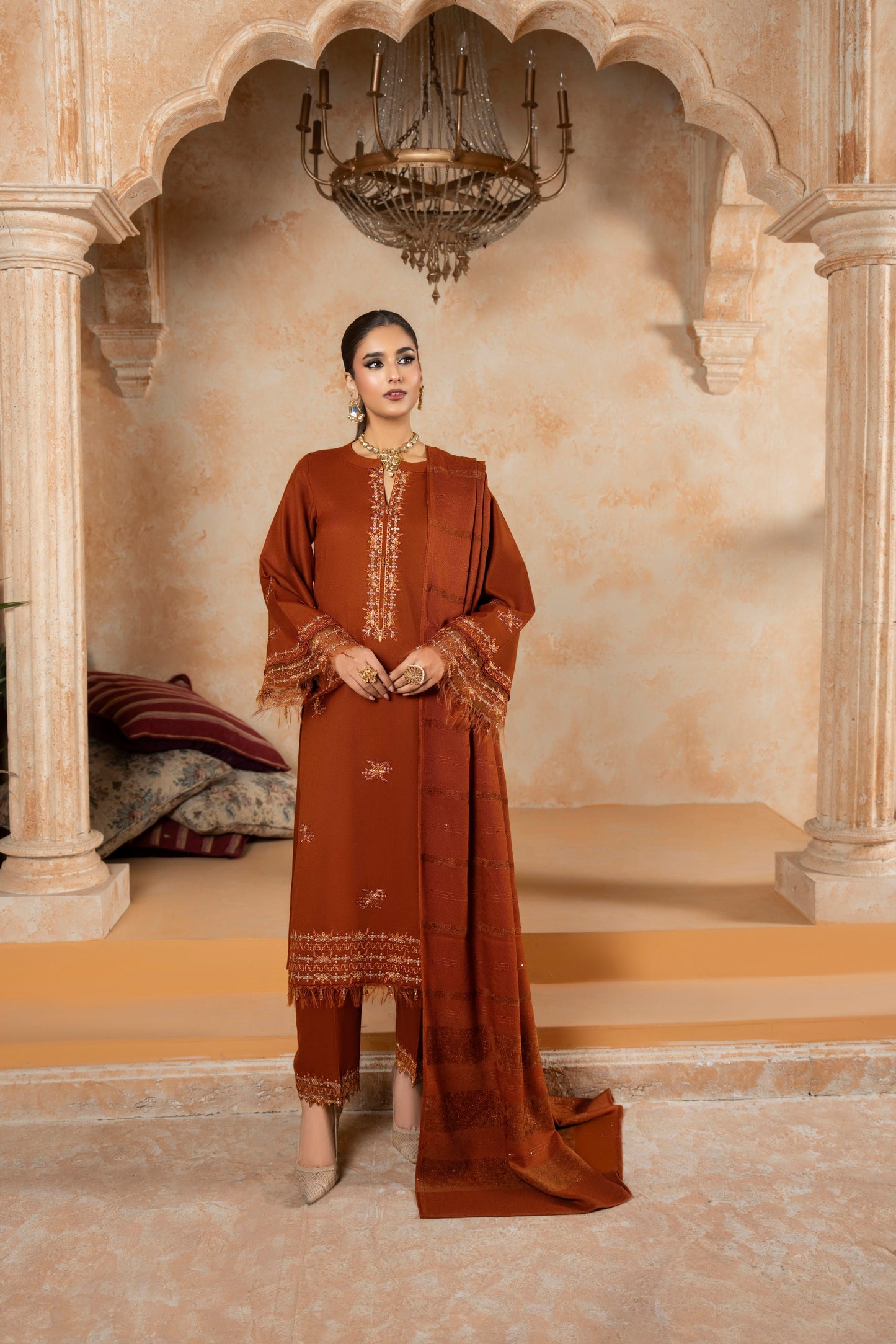 Beautifully Embroidered Woolen Shawl Set; Dhanak 3-PC suit with warm shirt and plain trouser, ideal for winter style