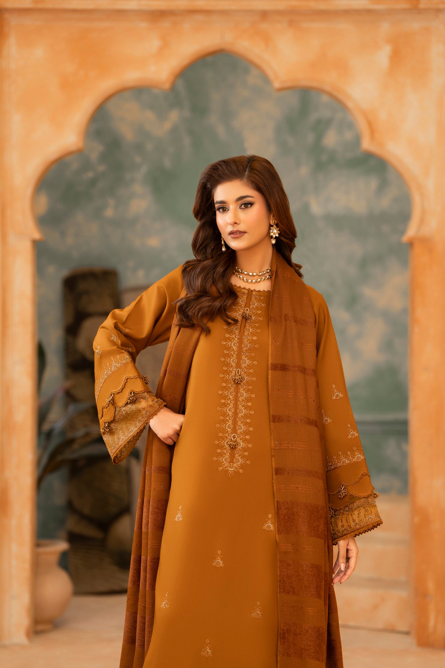 Embroidered Woolen Top (Shirt) with Plain Trouser and Fancy Shawl; 3-PC Dhanak winter outfit for women