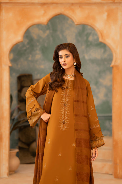 Embroidered Woolen Top (Shirt) with Plain Trouser and Fancy Shawl; 3-PC Dhanak winter outfit for women