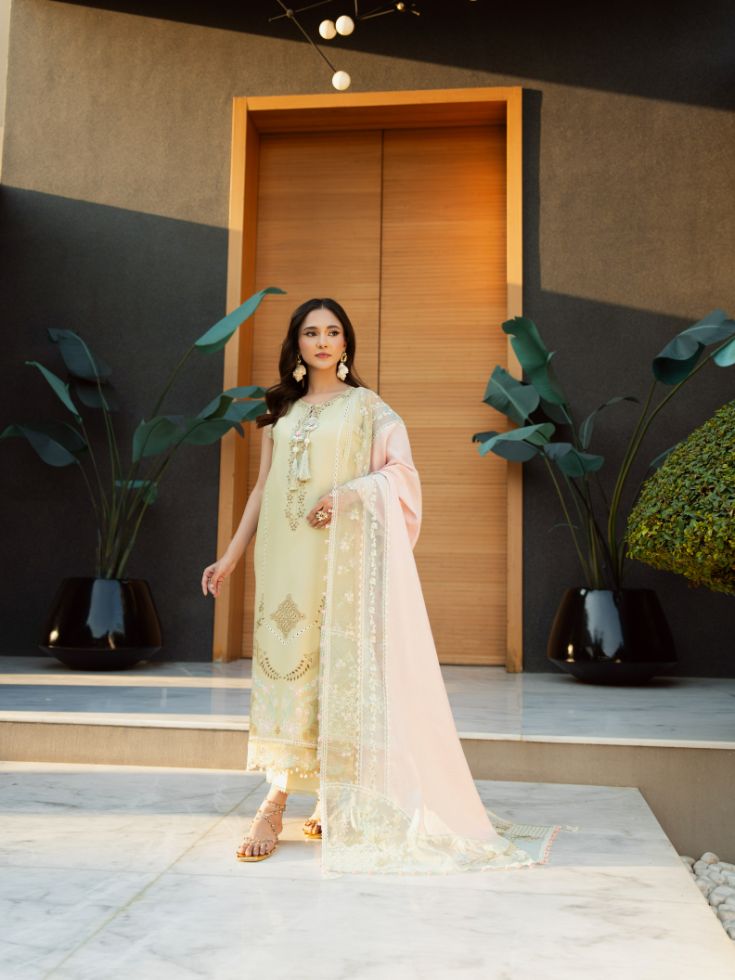 Summer lawn suit in yellow color with motifs, organza patch, and cotton dupatta