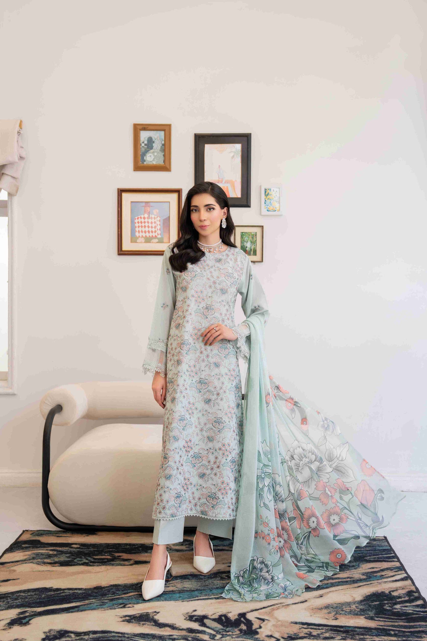 Premium embroidered lawn shirt three meters with chiffon dupatta and cotton trouser fabric