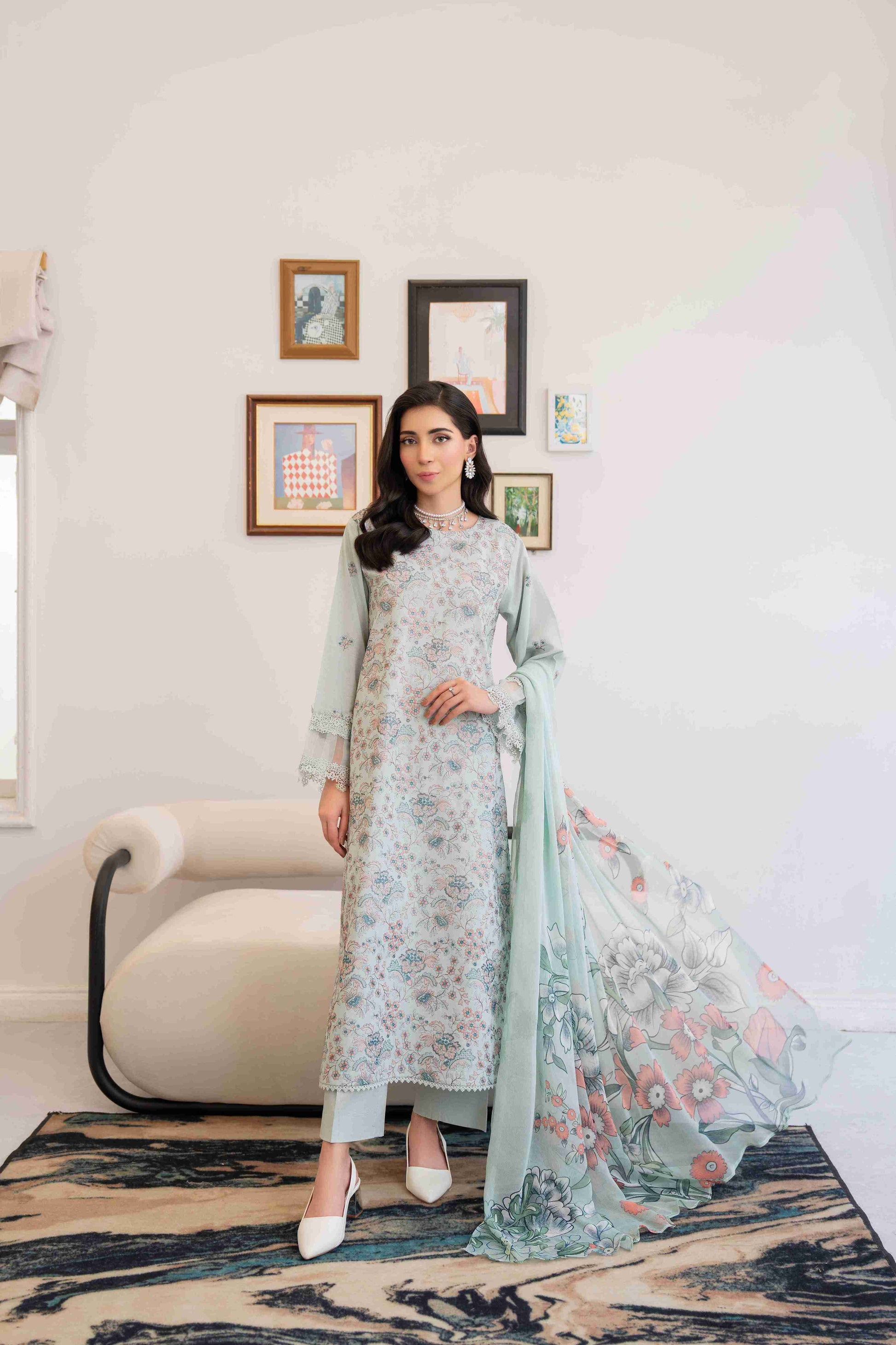 Premium embroidered lawn shirt three meters with chiffon dupatta and cotton trouser fabric