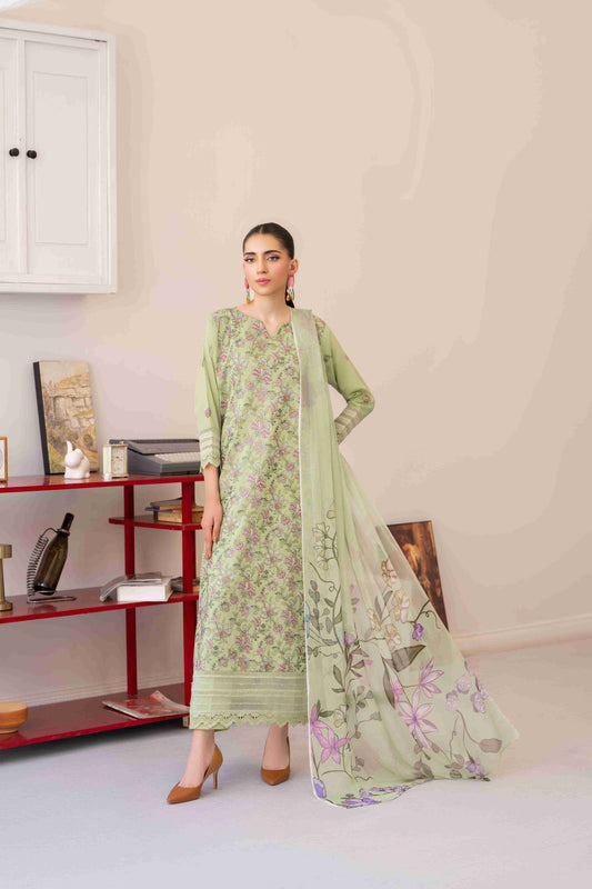 Unstitched three piece lawn suit including embroidered shirt, chiffon dupatta and cotton trouser for summer fashion