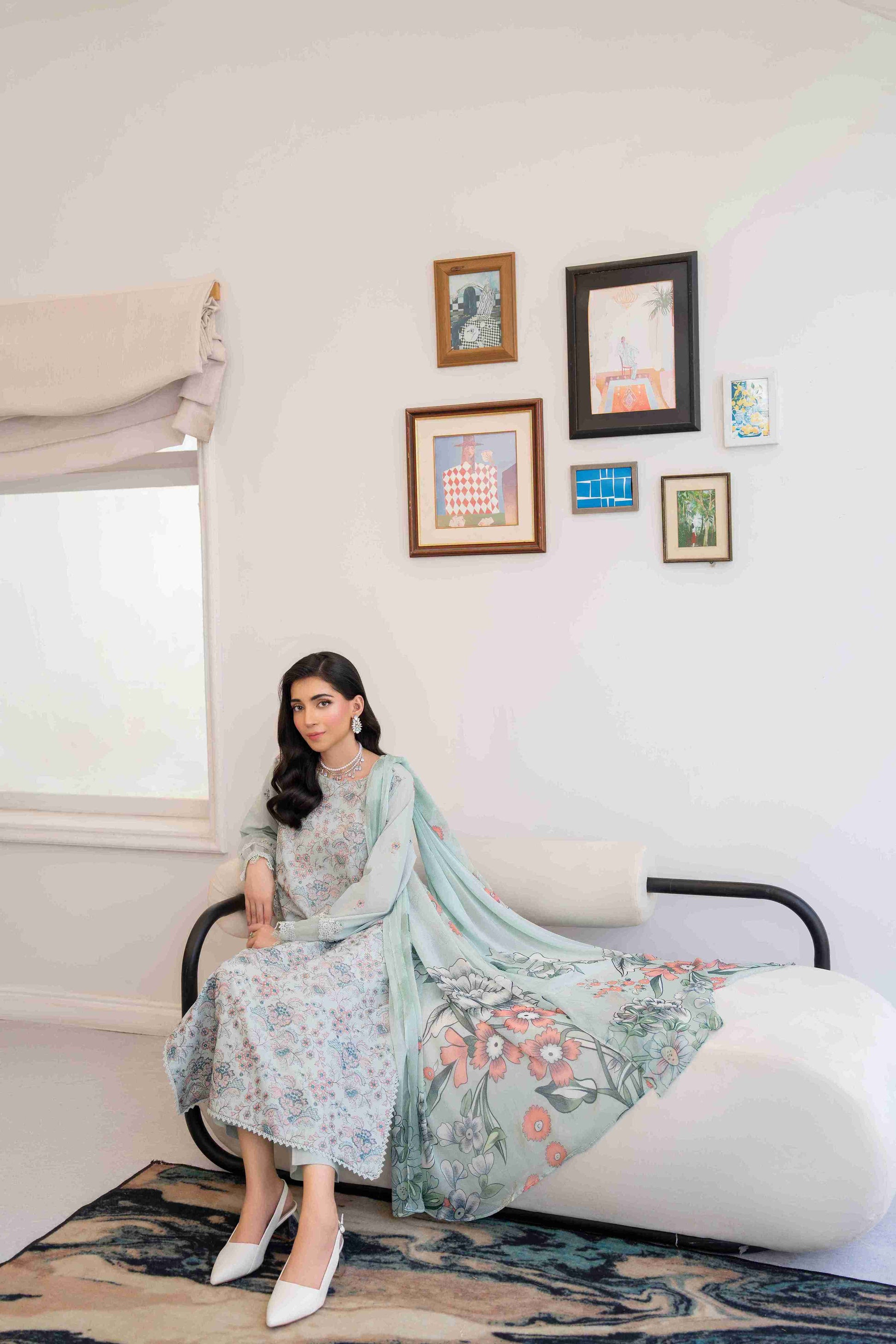 Elegant embroidered lawn shirt crafted from premium fabric with chiffon dupatta and cotton trouser
