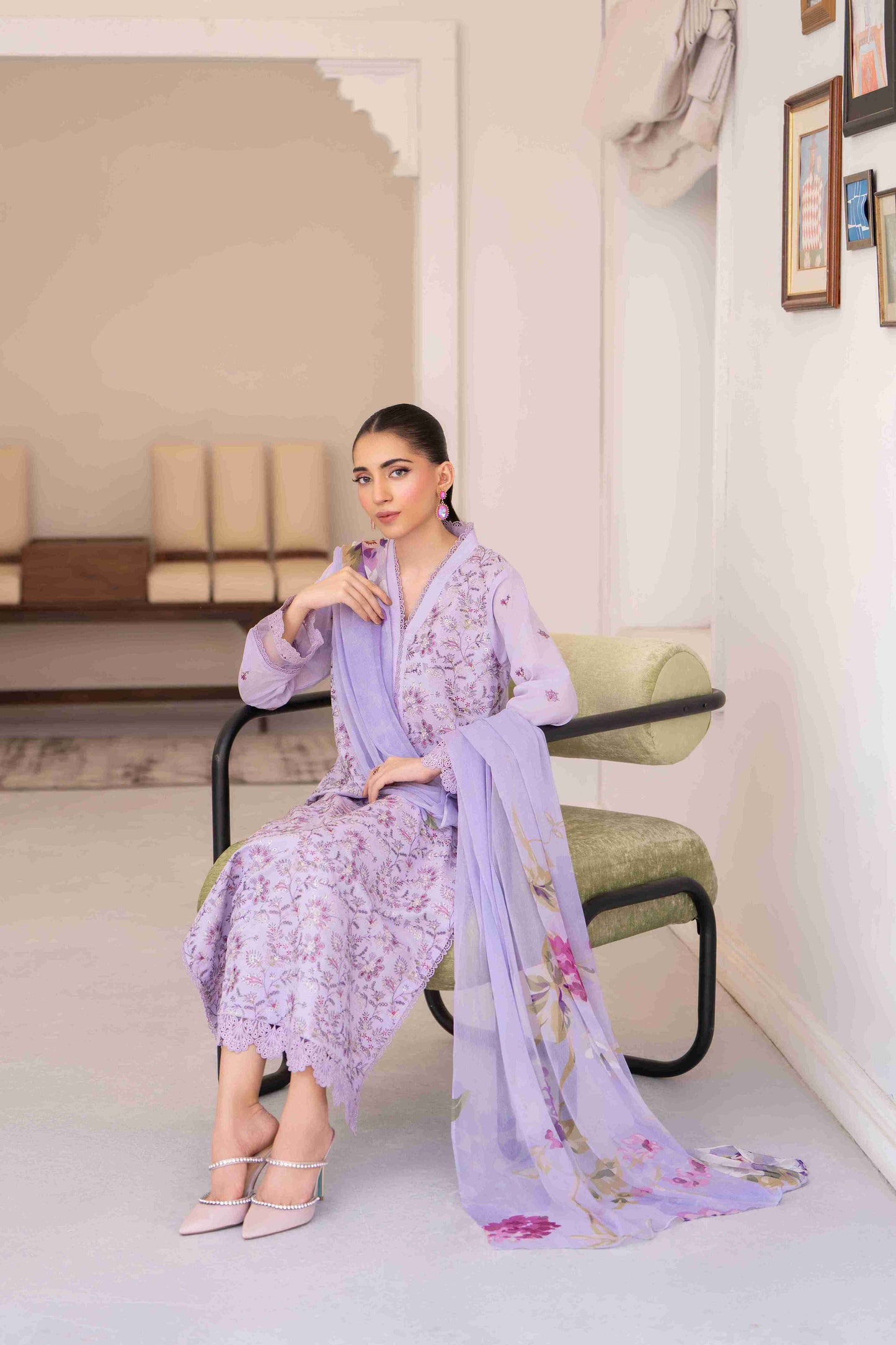 Unstitched embroidered lawn suit three piece with chiffon dupatta and cotton trouser fabric