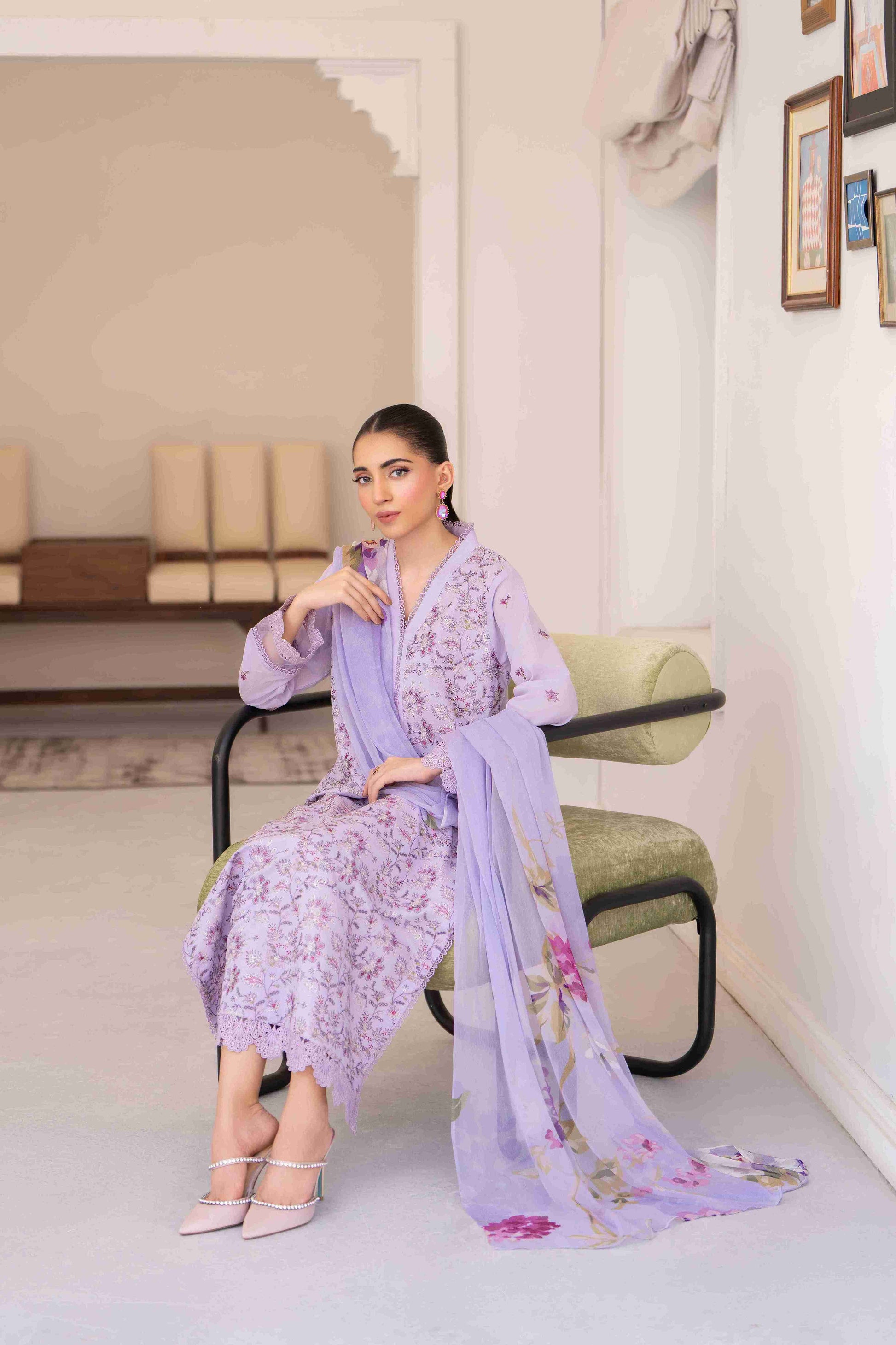 Unstitched embroidered lawn suit three piece with chiffon dupatta and cotton trouser fabric