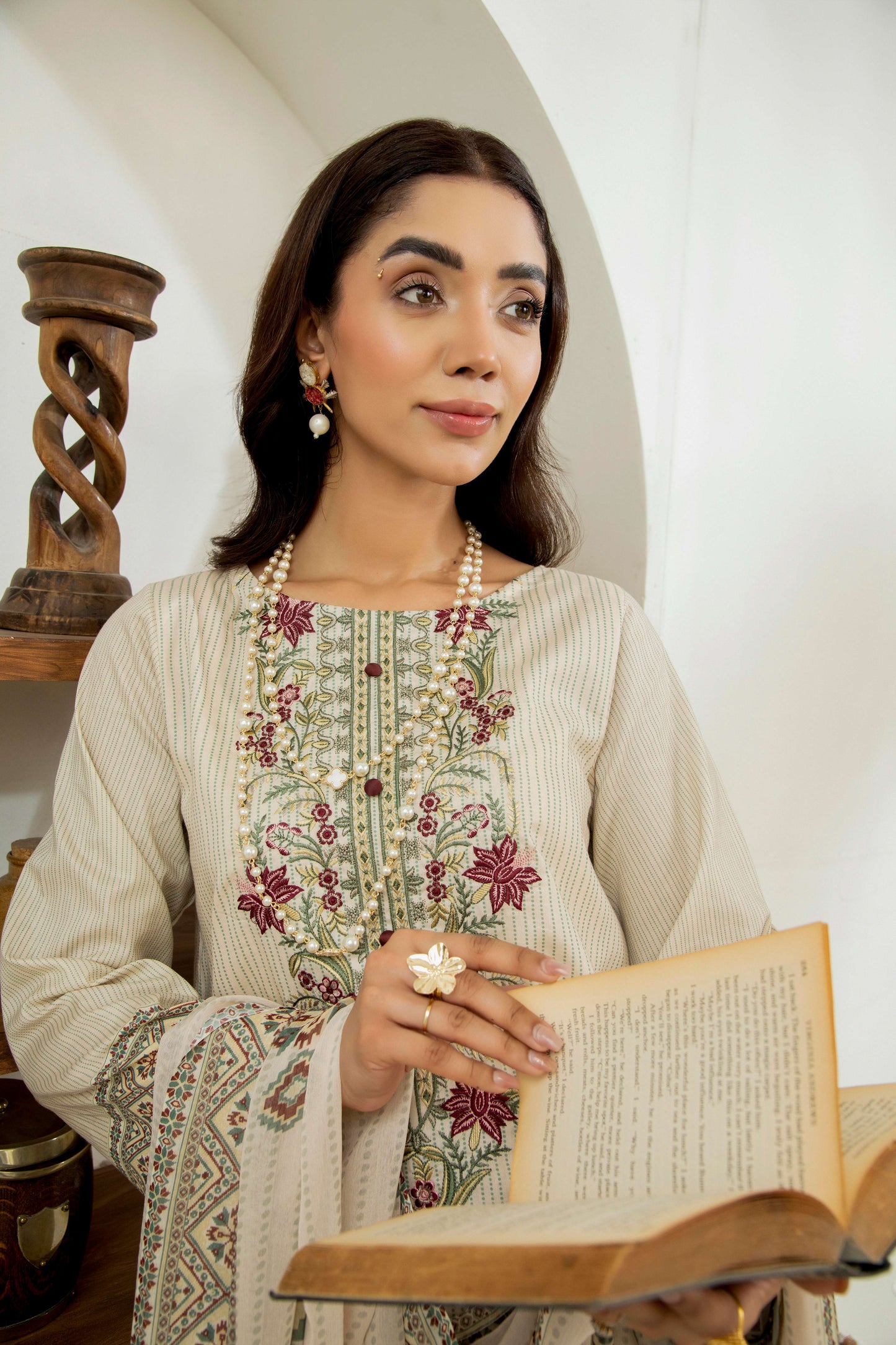 Embroidered shirt styled for summer wear