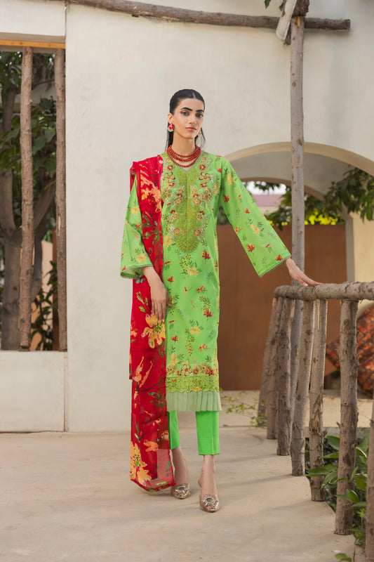 Self-check embroidered lawn shirt, chiffon dupatta, and cotton trouser for eastern daily wear