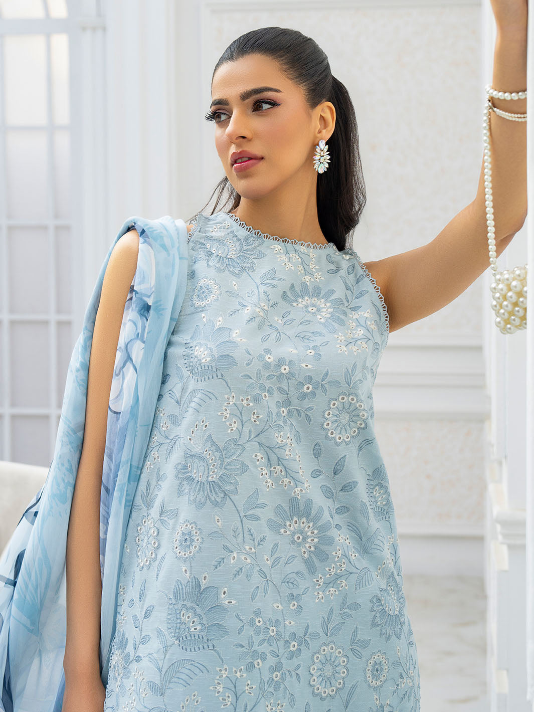 Exclusive embroidered lawn shirt with chiffon printed dupatta and karandi trouser