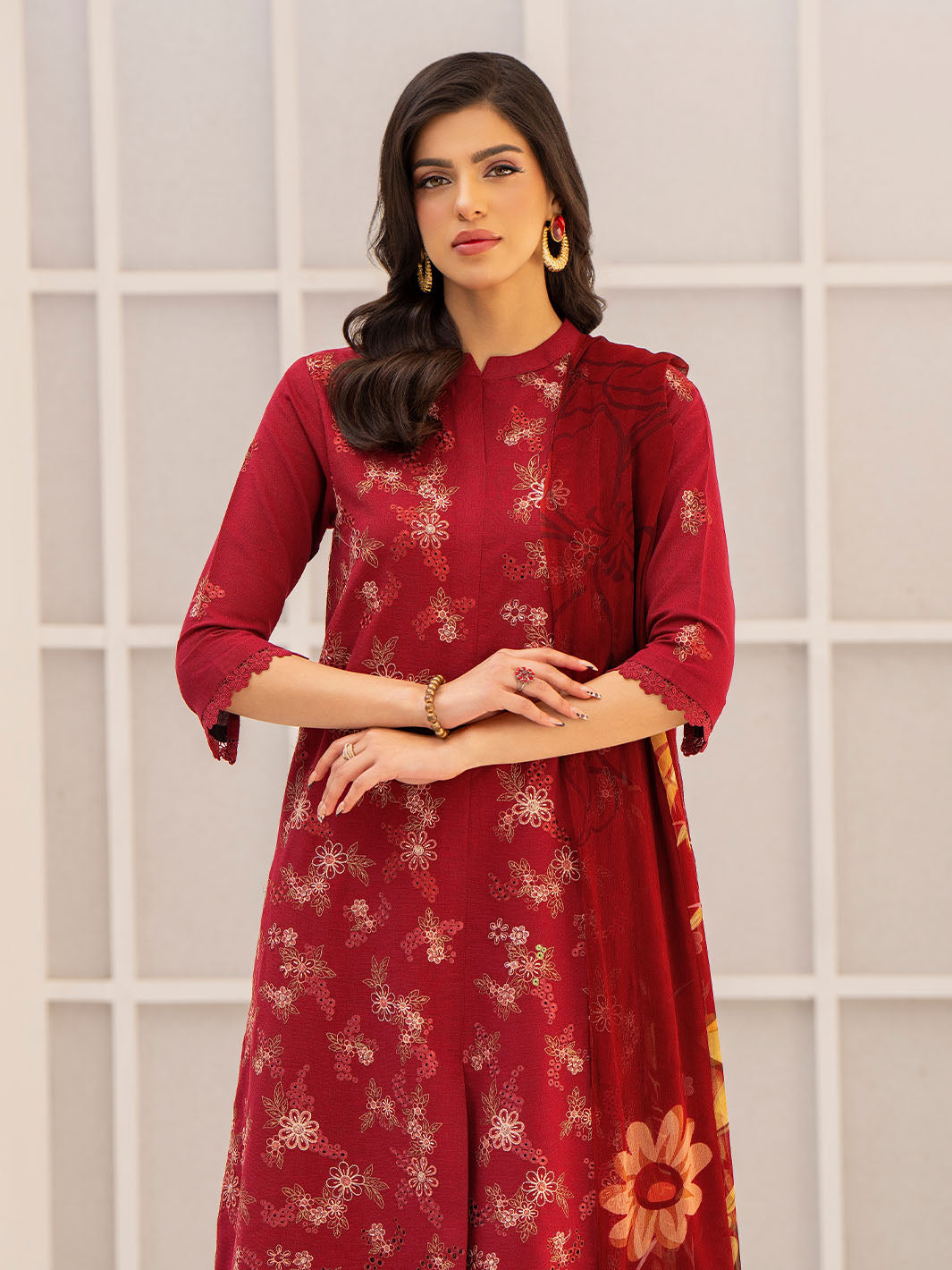 Exclusive embroidered shirt with chiffon printed dupatta and karandi trouser