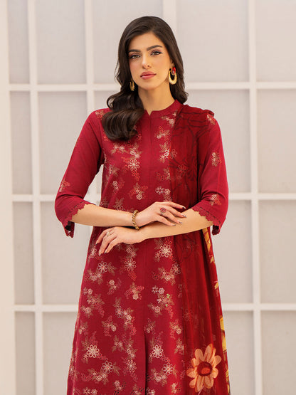 Exclusive embroidered shirt with chiffon printed dupatta and karandi trouser