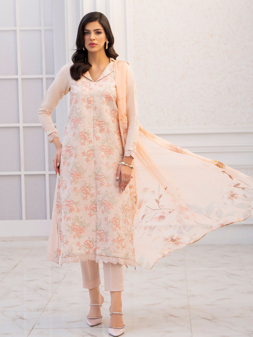  Exclusive embroidered lawn shirt with chiffon dupatta and karandi trouser fabric