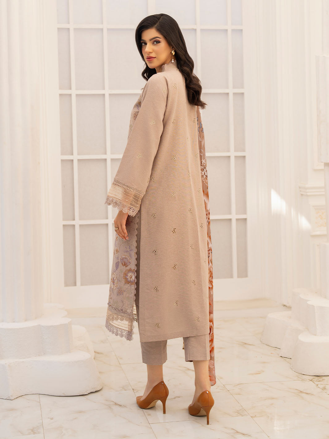 Exclusive embroidered lawn shirt, chiffon dupatta and karandi trouser unstitched