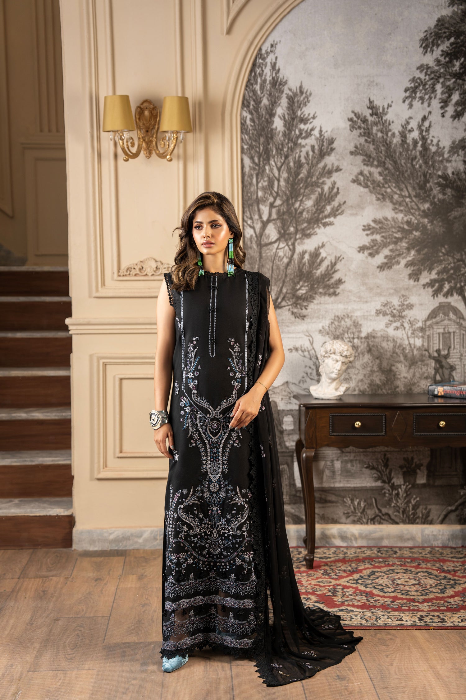 Luxury 3 PC unstitched karandi dress with dupatta and trouser