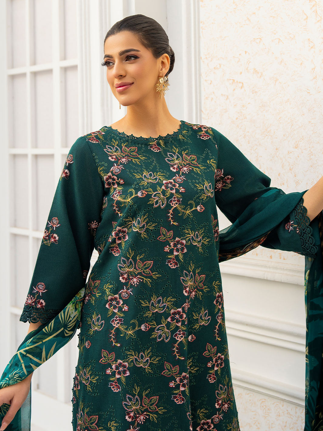 Exclusive embroidered lawn shirt with chiffon dupatta and plain karandi trouser