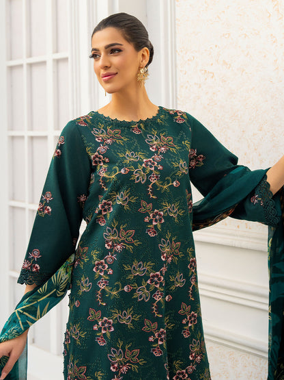 Exclusive embroidered lawn shirt with chiffon dupatta and plain karandi trouser