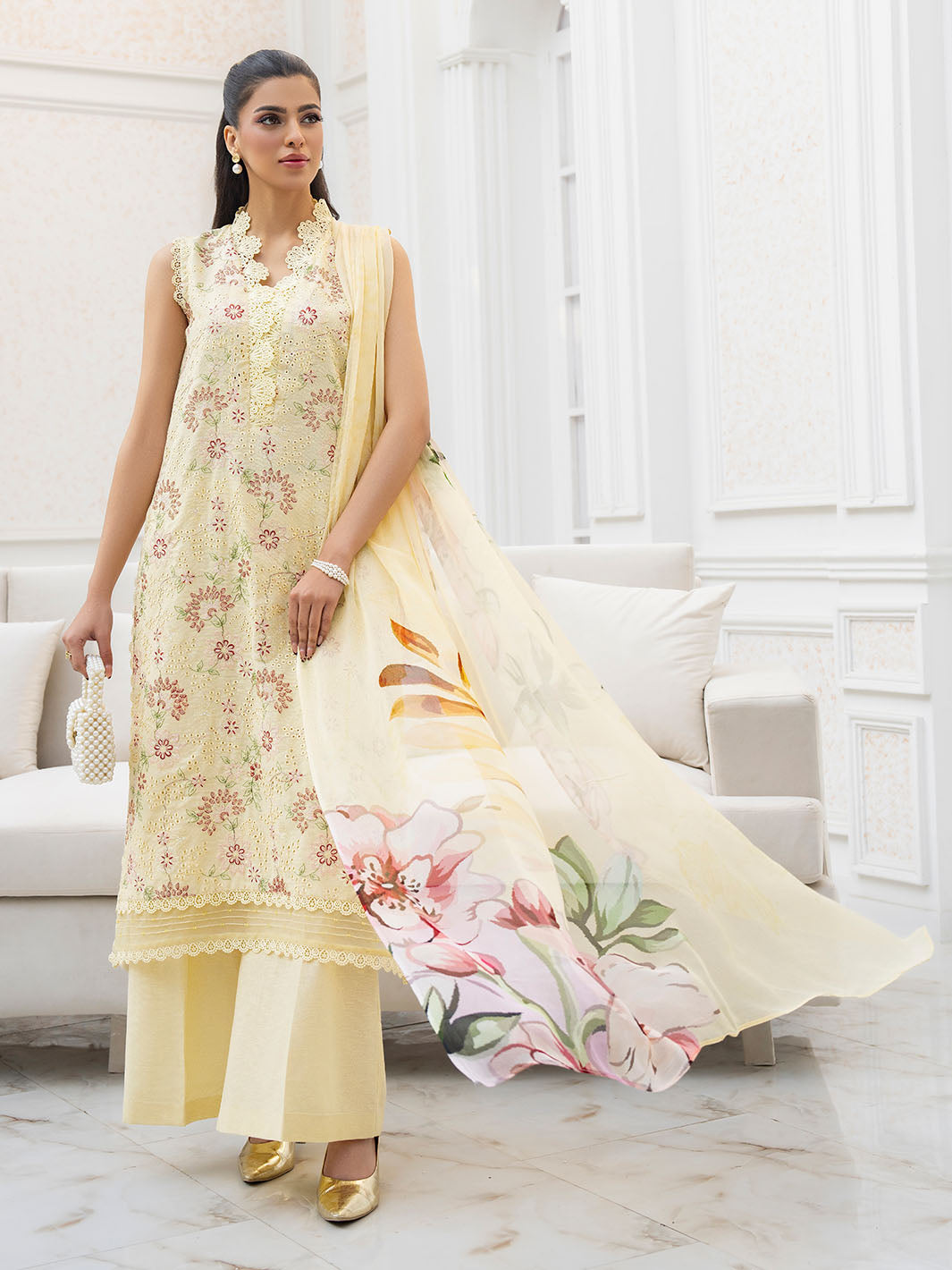 Exclusive embroidered lawn shirt with chiffon dupatta and soft karandi trouser