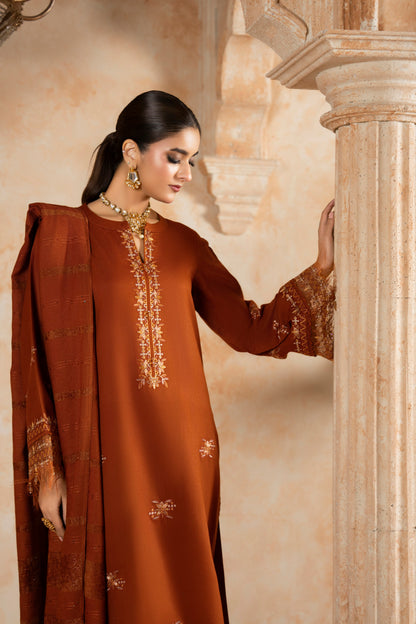 Fancy 3-PC Woolen Dress for women; Dhanak embroidered suit with a graceful fancy shawl for winter elegance