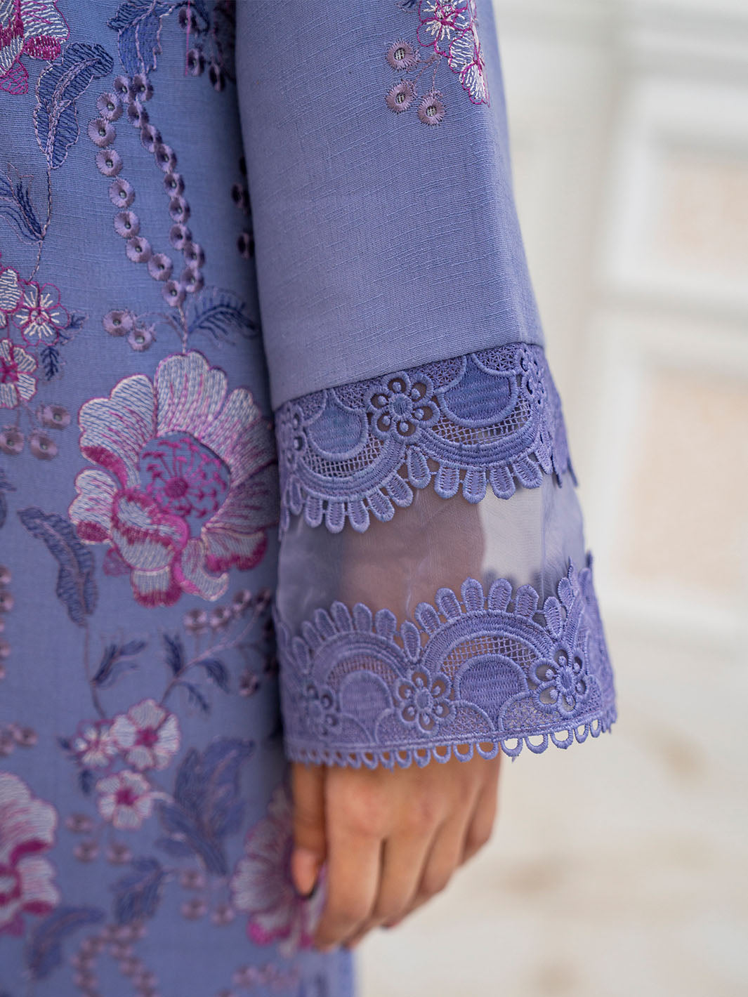 Fancy embroidered lawn shirt with chiffon dupatta and karandi plain trouser
