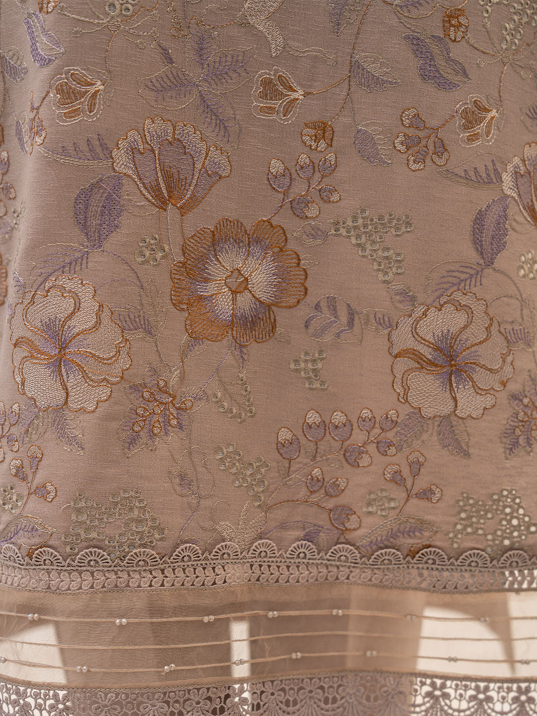 Fancy embroidered lawn shirt with chiffon printed dupatta and plain karandi trouser