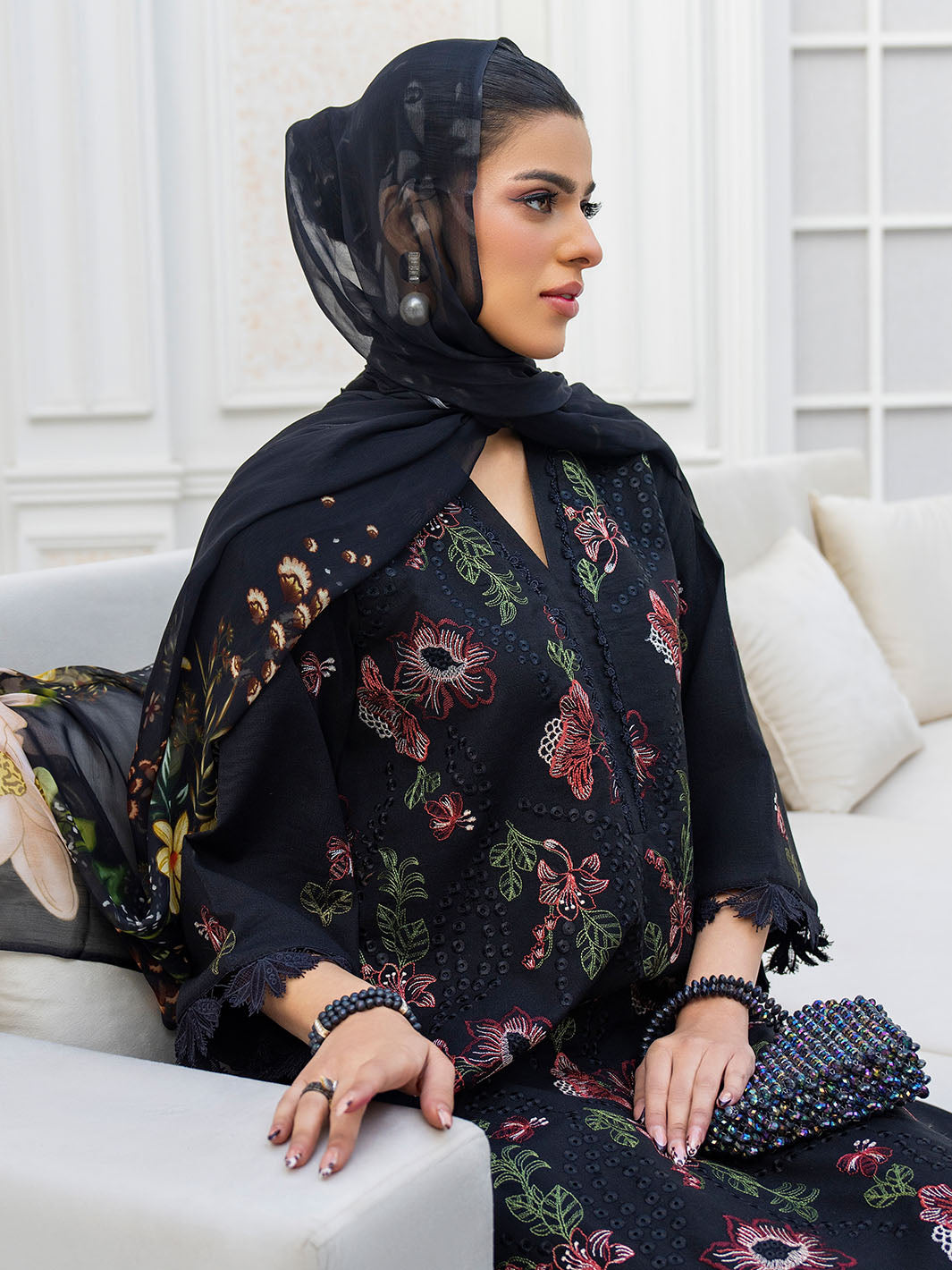 Fancy embroidered lawn shirt with chiffon dupatta and karandi trouser fabric