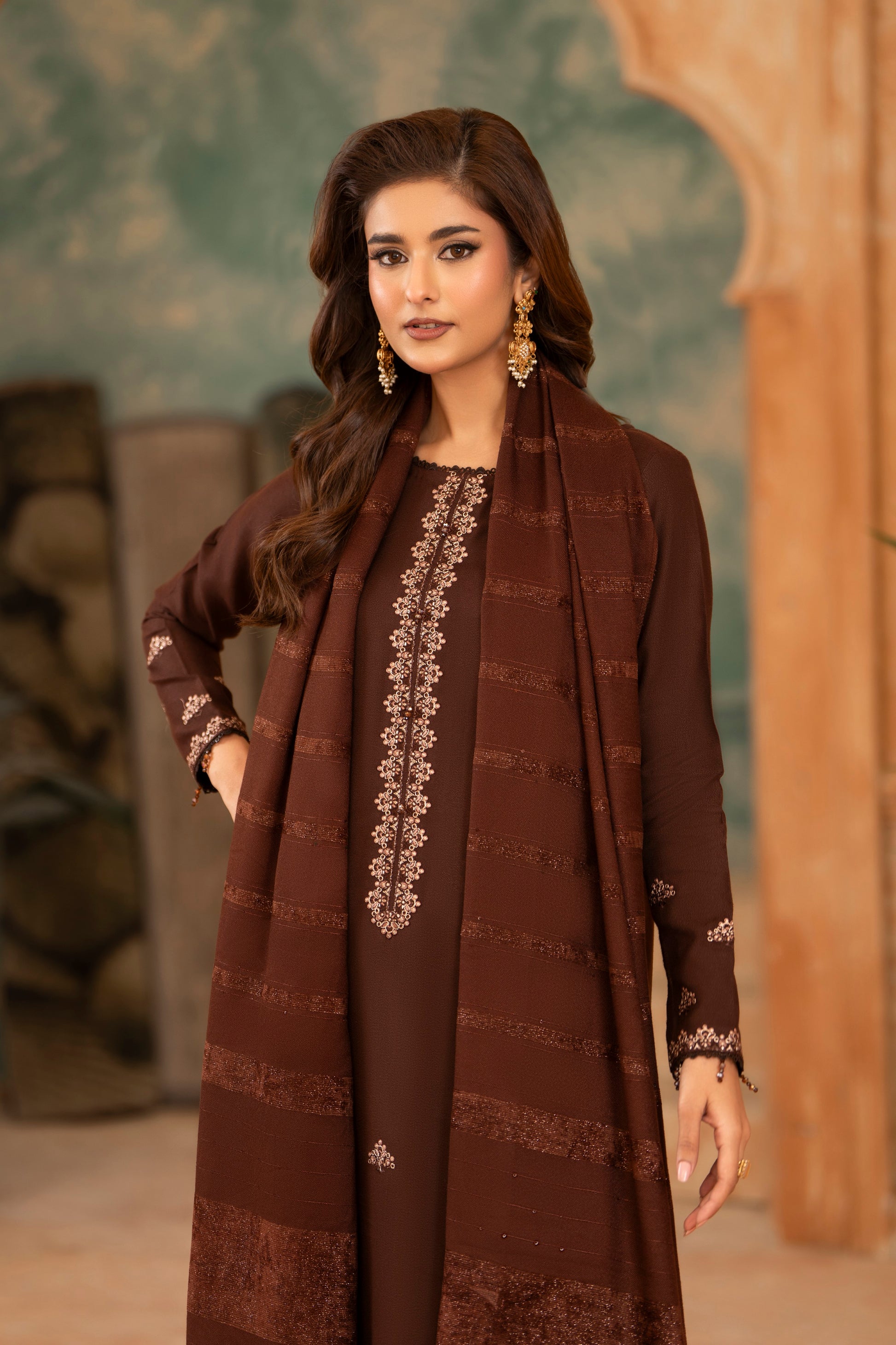 Fancy Dhanak Woolen Suit; 3-PC set with a fancy shawl, a fashionable blend of classic tradition and modern style