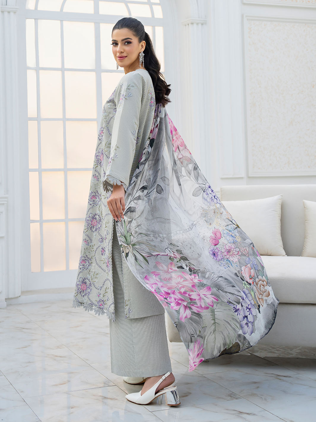 Fancy embroidered lawn shirt with chiffon printed dupatta and plain trouser