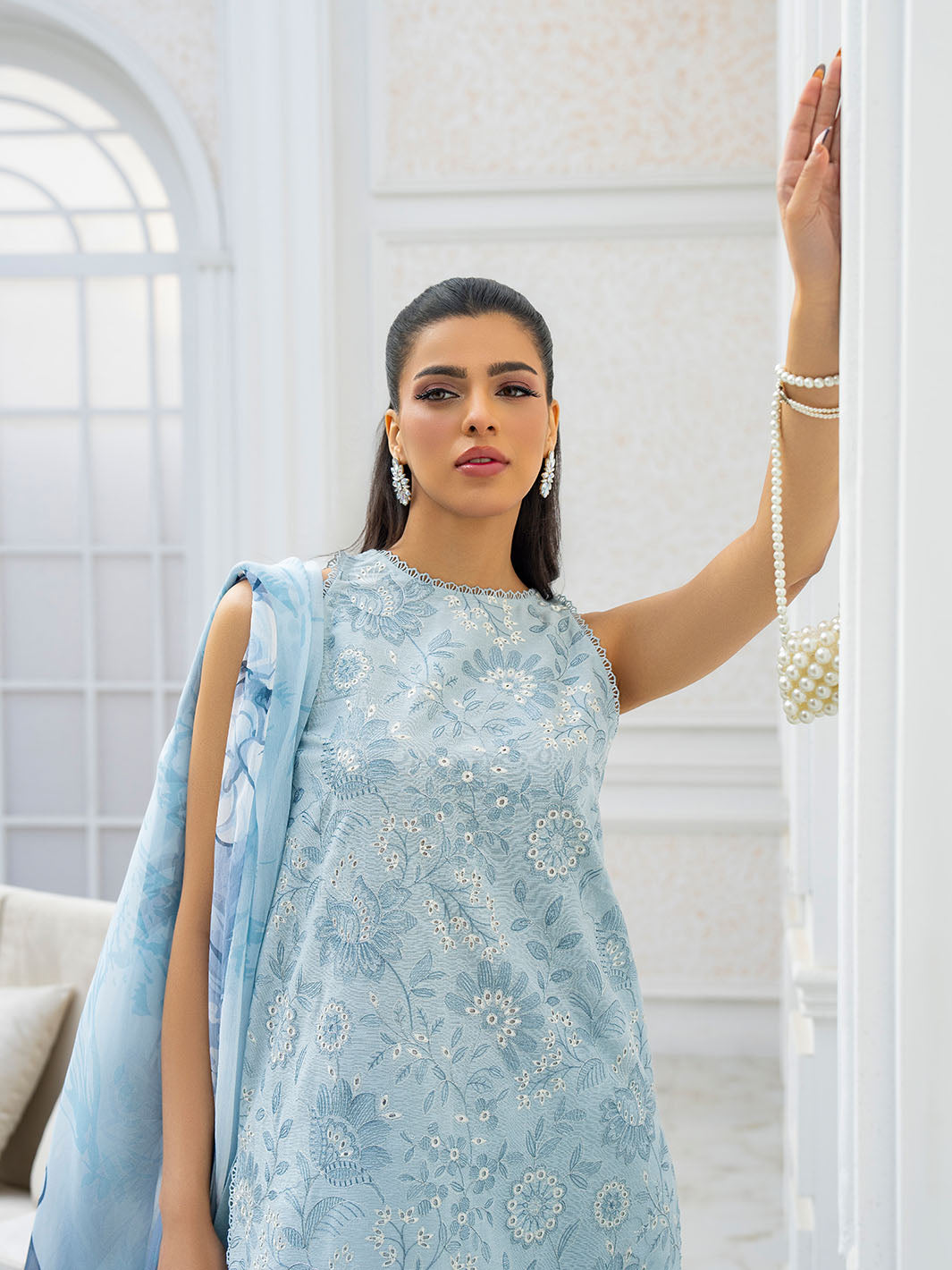 Fancy embroidered shirt with chiffon dupatta and plain karandi trouser 