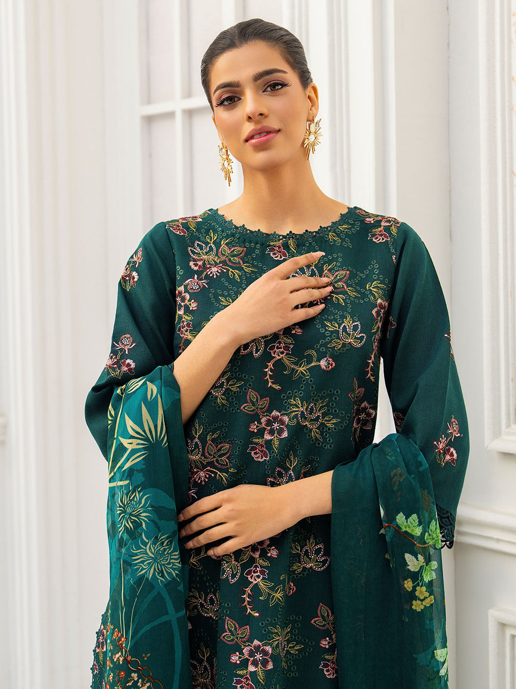 Fancy embroidered lawn shirt, chiffon dupatta, and karandi trouser unstitched