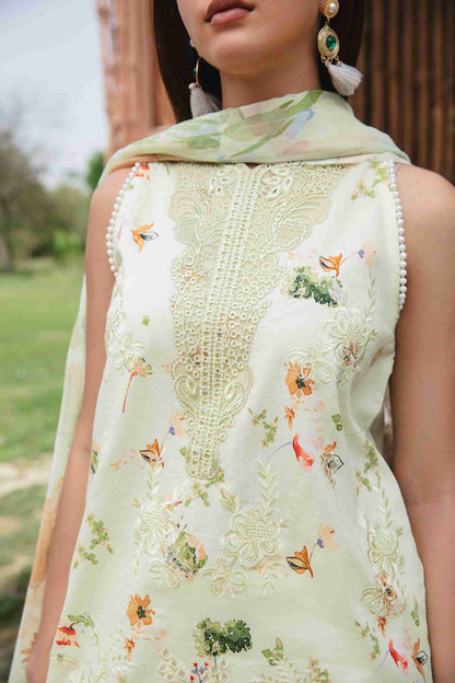 Lawn outfit with embroidery, chiffon dupatta, and plain cotton trouser.