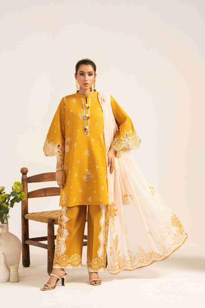 Fancy embroidered lawn shirt styled with chiffon dupatta and plain cotton trouser.