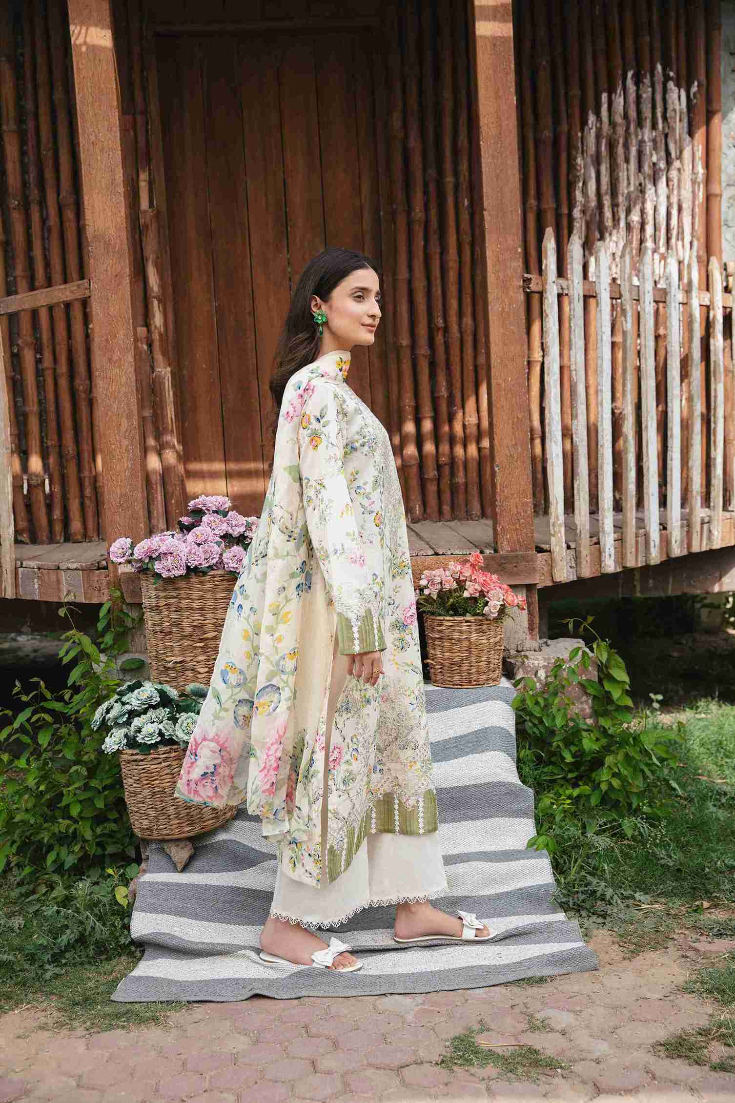Embroidered lawn shirt with chiffon dupatta and matching plain dyed trouser