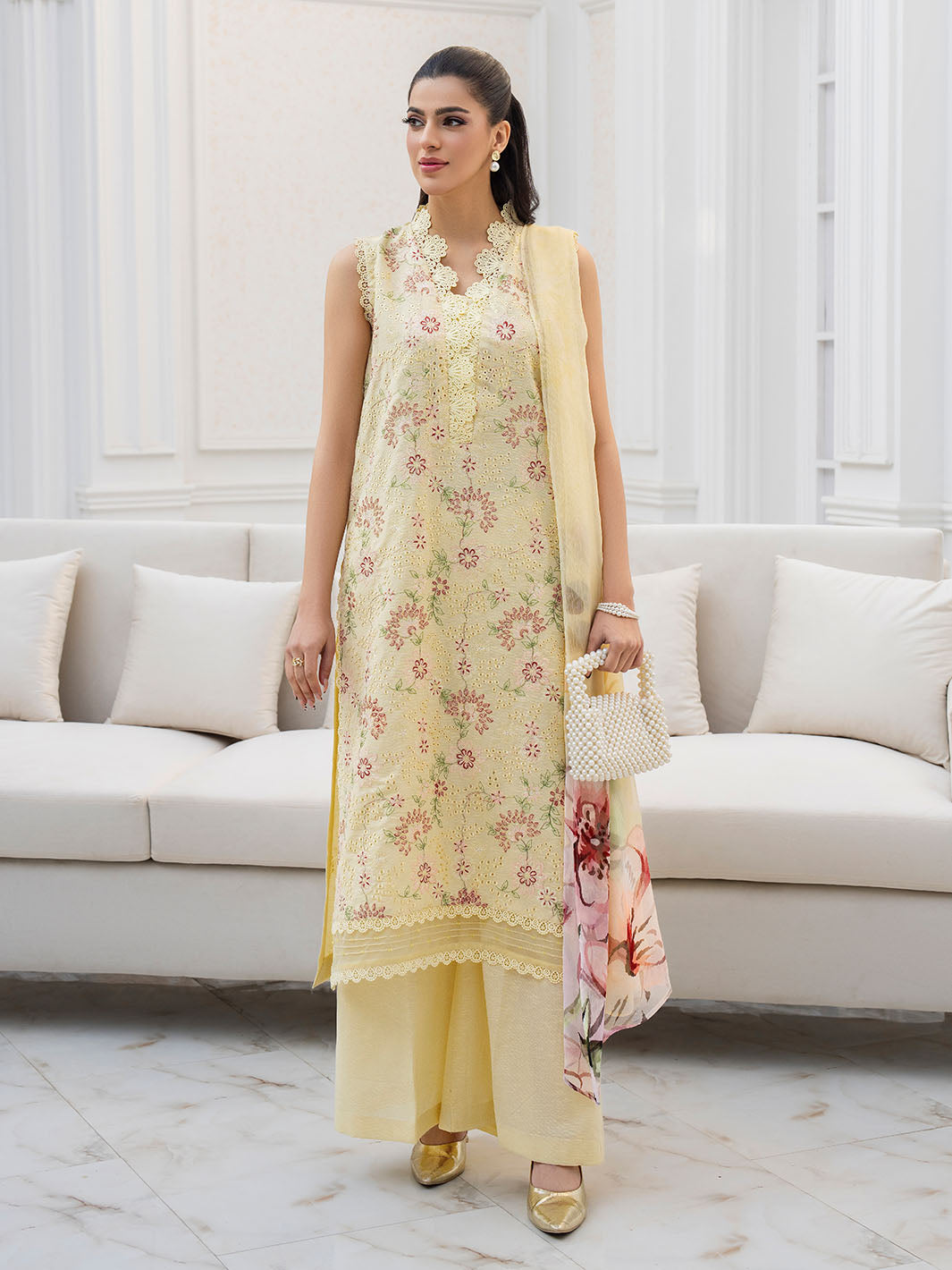Fancy embroidered lawn suit with chiffon printed dupatta and karandi trouser suit
