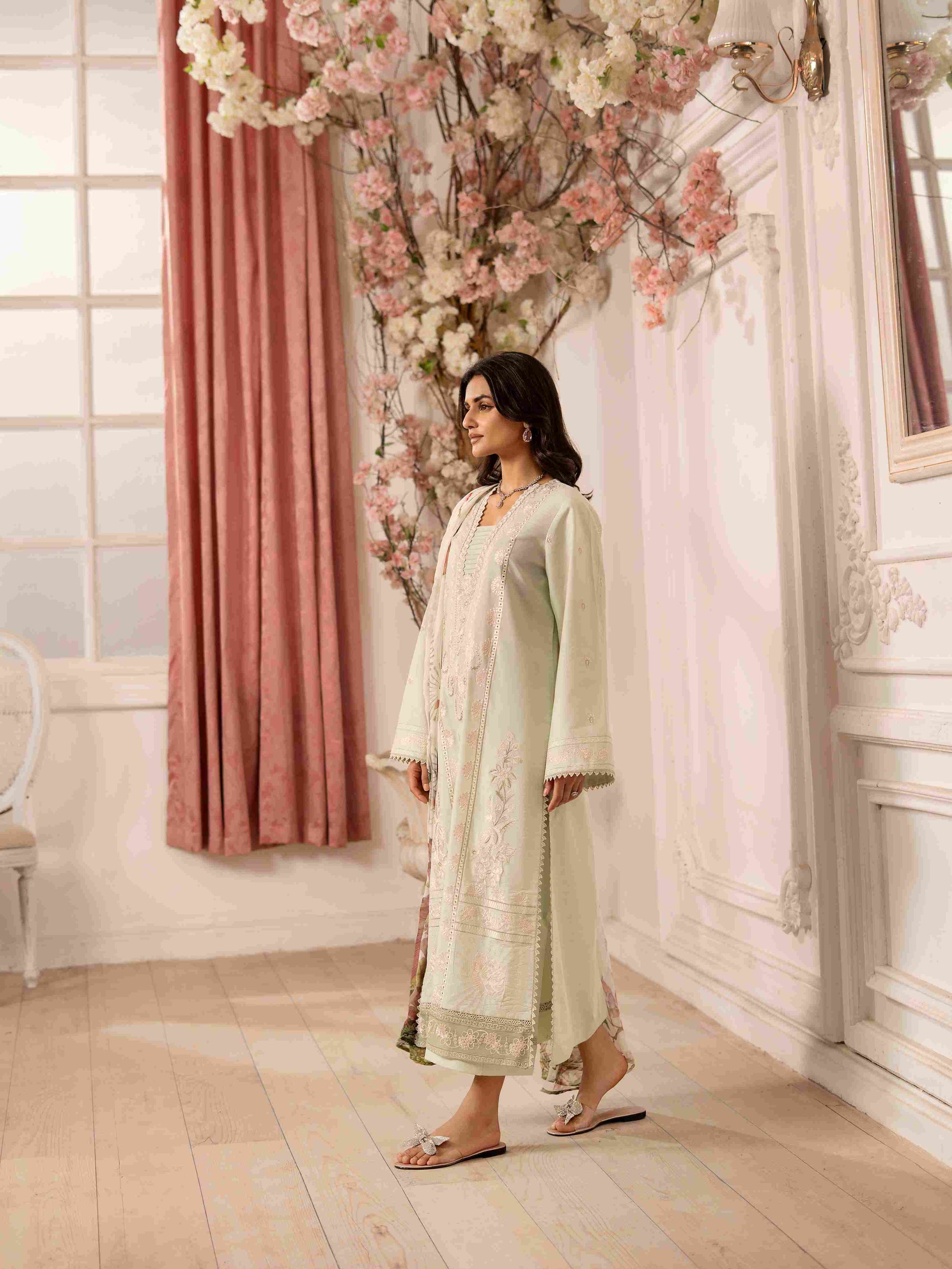 Fancy embroidered lawn suit styled with organza patchwork and chiffon dupatta