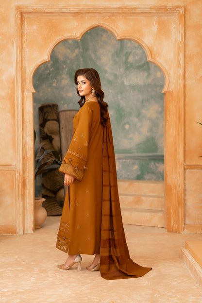 Fancy Shawl Dhanak 3-PC Suit; embroidered woolen winter dress, perfect for winter parties and formal events