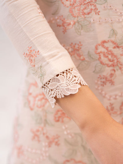 Fancy embroidered lawn shirt, chiffon dupatta, and karandi trouser unstitched