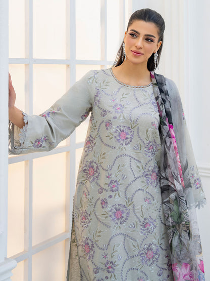 Fancy embroidered shirt with chiffon printed dupatta and plain karandi trouser