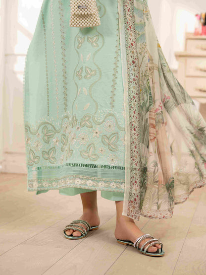  Fancy embroidered lawn shirt featuring organza patchwork with chiffon dupatta