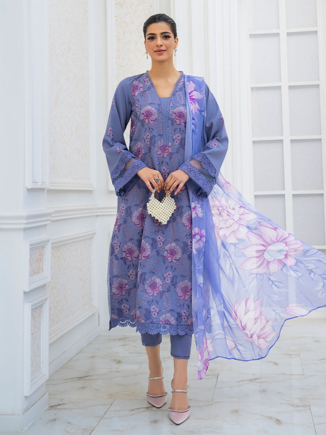 Fancy embroidered lawn suit with chiffon printed dupatta and karandi trouser
