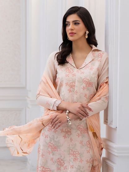 Fancy embroidered lawn shirt, chiffon printed dupatta, karandi trouser suit