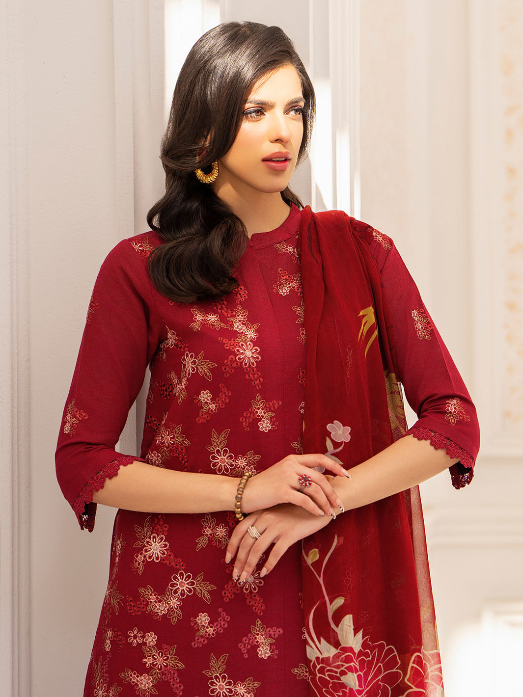  Fancy embroidered lawn shirt, chiffon dupatta, and karandi plain trouser suit