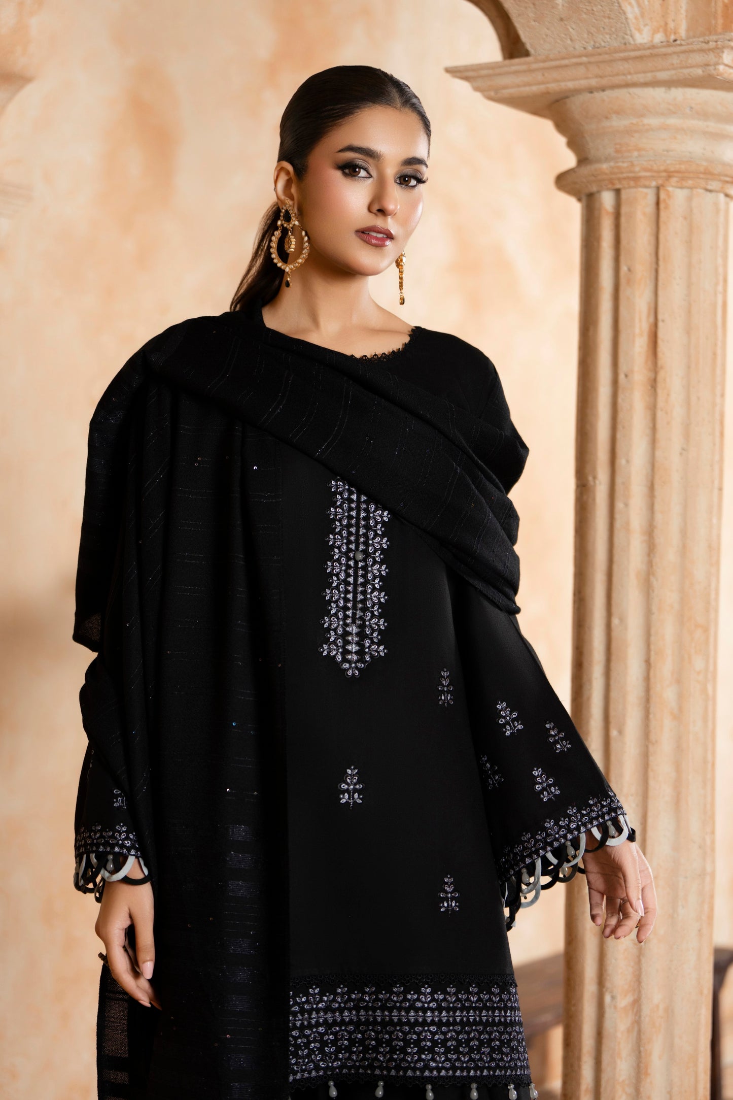 Fancy Woolen Shawl and Embroidered Dhanak Shirt Suit, a blend of Pakistani eastern wear charm and modern finish